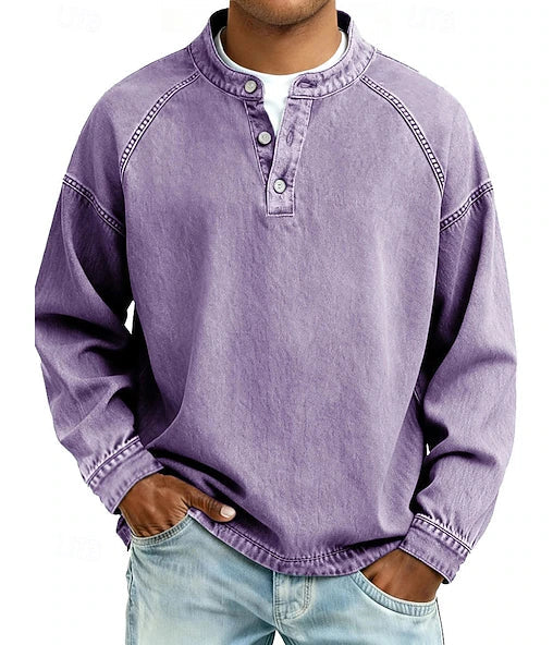 Men's 100% Cotton Acid Wash Long Sleeve Henley Shirt – Vintage Raglan Sleeve Stand Collar Casual Streetwear Top for Spring Fall Winter
