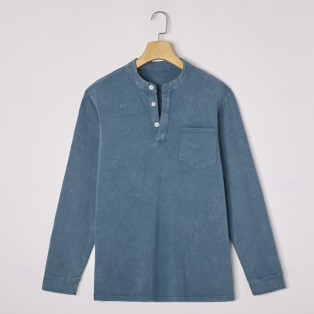 Men’s Acid Wash Cotton Tank – long-Sleeve Henley with Pocket & Buttons