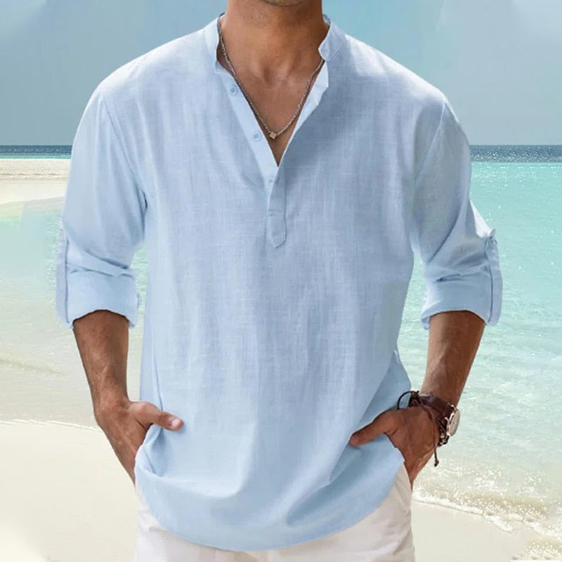 Men's Linen Shirt Popover Shirt Casual Shirt Beach Shirt Band Collar Shirt Plain Beach Vacation Blue Black White Pink Long Sleeve Henley Spring & Summer Clothing Apparel