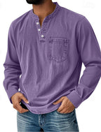 Men’s Acid Wash Cotton Tank – long-Sleeve Henley with Pocket & Buttons