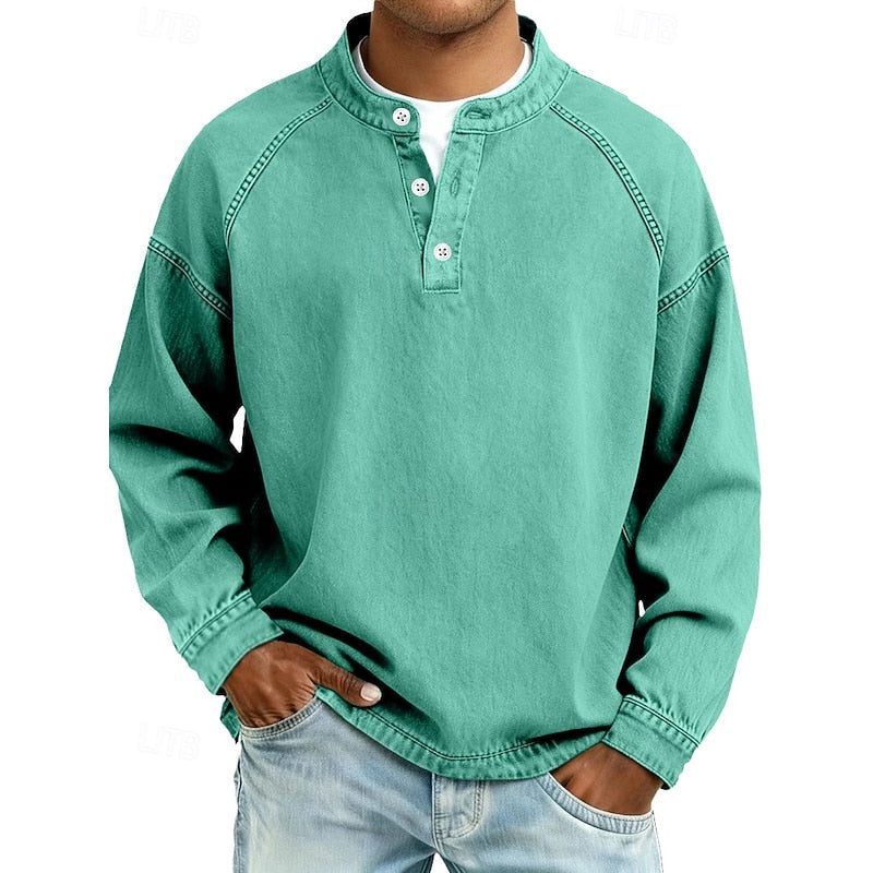 Men's 100% Cotton Acid Wash Long Sleeve Henley Shirt – Vintage Raglan Sleeve Stand Collar Casual Streetwear Top for Spring Fall Winter