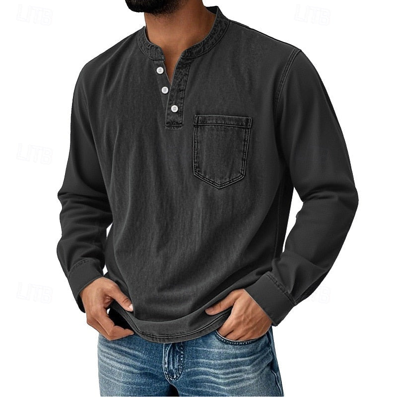 Men’s Acid Wash Cotton Tank – long-Sleeve Henley with Pocket & Buttons