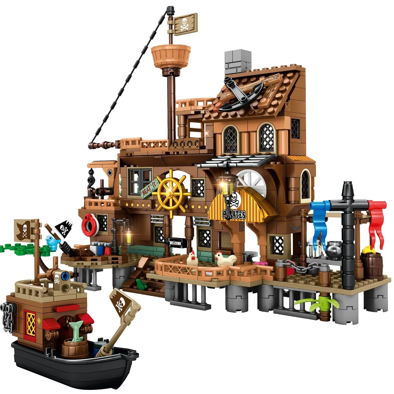 Mesiondy Pirate Island Pier Building Set 🏴‍☠️ – 573 PCS, 21.6" Long Pirate Dock & Boat Toy 🚢, Compatible with Major Brick Brands 🧩