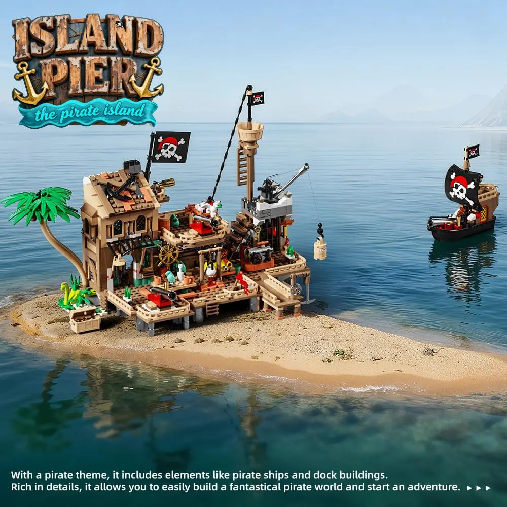 Mesiondy Pirate Island Outpost Building Set 🏴‍☠️ – 943 PCS, 13.8" Wide Pirate Hideout with Boat & Palm Tree 🌴, Compatible with Major Brick Brands 🧩