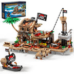 Mesiondy Pirate Island Outpost Building Set 🏴‍☠️ – 943 PCS, 13.8" Wide Pirate Hideout with Boat & Palm Tree 🌴, Compatible with Major Brick Brands 🧩