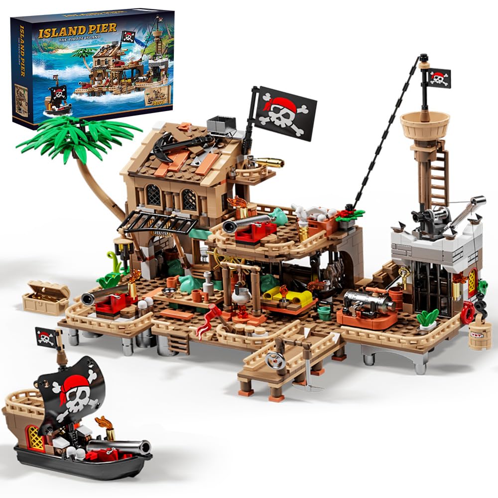 Mesiondy Pirate Island Outpost Building Set 🏴‍☠️ – 943 PCS, 13.8" Wide Pirate Hideout with Boat & Palm Tree 🌴, Compatible with Major Brick Brands 🧩