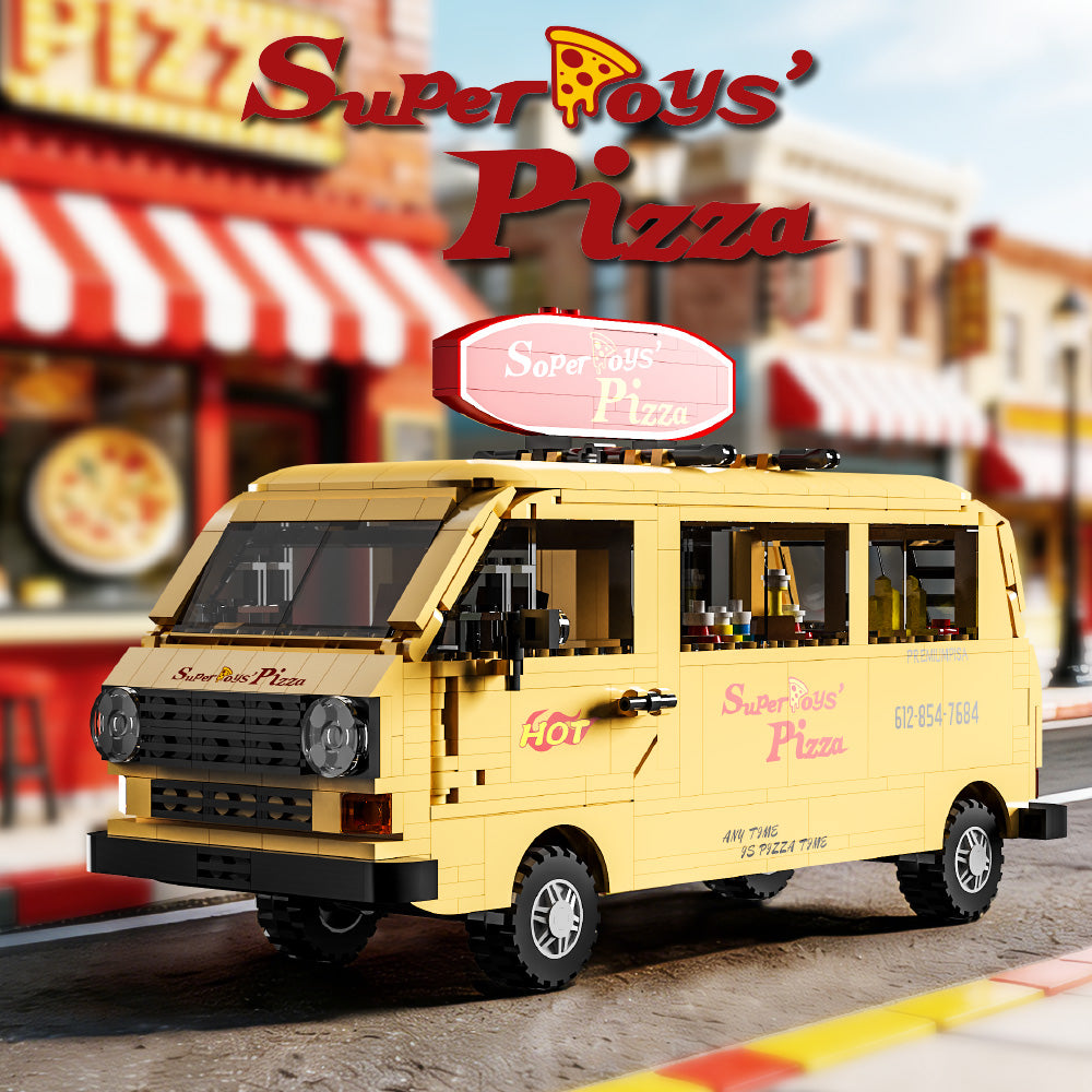 Mesiondy Retro Pizza Delivery Van Building Kit – 634 PCS Premium Brick System | 80s Food Truck Model | Removable Rooftop Sign & Interior Kitchen Detail