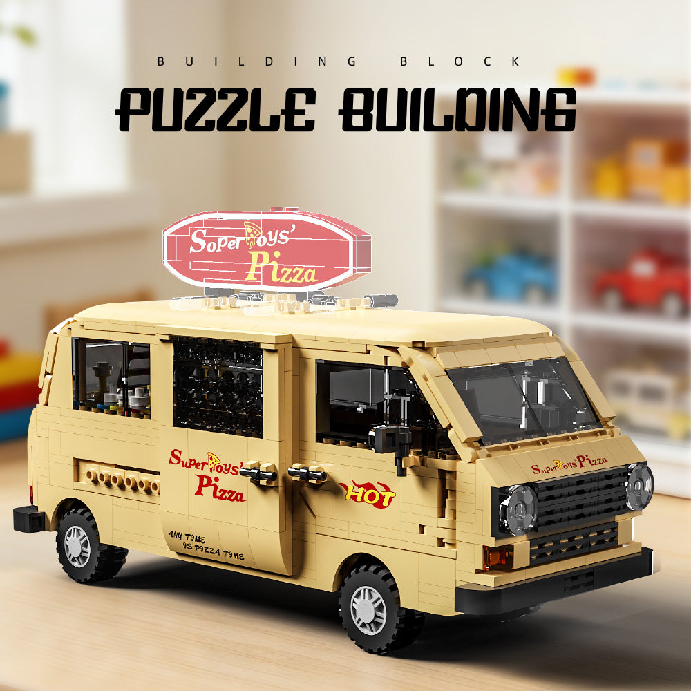 Mesiondy Retro Pizza Delivery Van Building Kit – 634 PCS Premium Brick System | 80s Food Truck Model | Removable Rooftop Sign & Interior Kitchen Detail