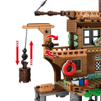 Mesiondy Pirate Island Pier Building Set 🏴‍☠️ – 573 PCS, 21.6" Long Pirate Dock & Boat Toy 🚢, Compatible with Major Brick Brands 🧩