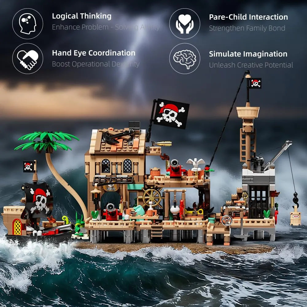 Mesiondy Pirate Island Outpost Building Set 🏴‍☠️ – 943 PCS, 13.8" Wide Pirate Hideout with Boat & Palm Tree 🌴, Compatible with Major Brick Brands 🧩